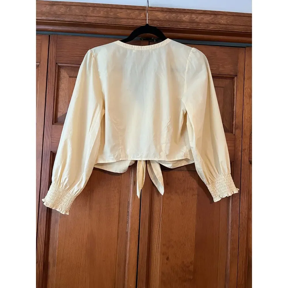 NWT Abercrombie & Fitch Poplin Tie Front Crop Top Yellow Puff Sleeve Size S